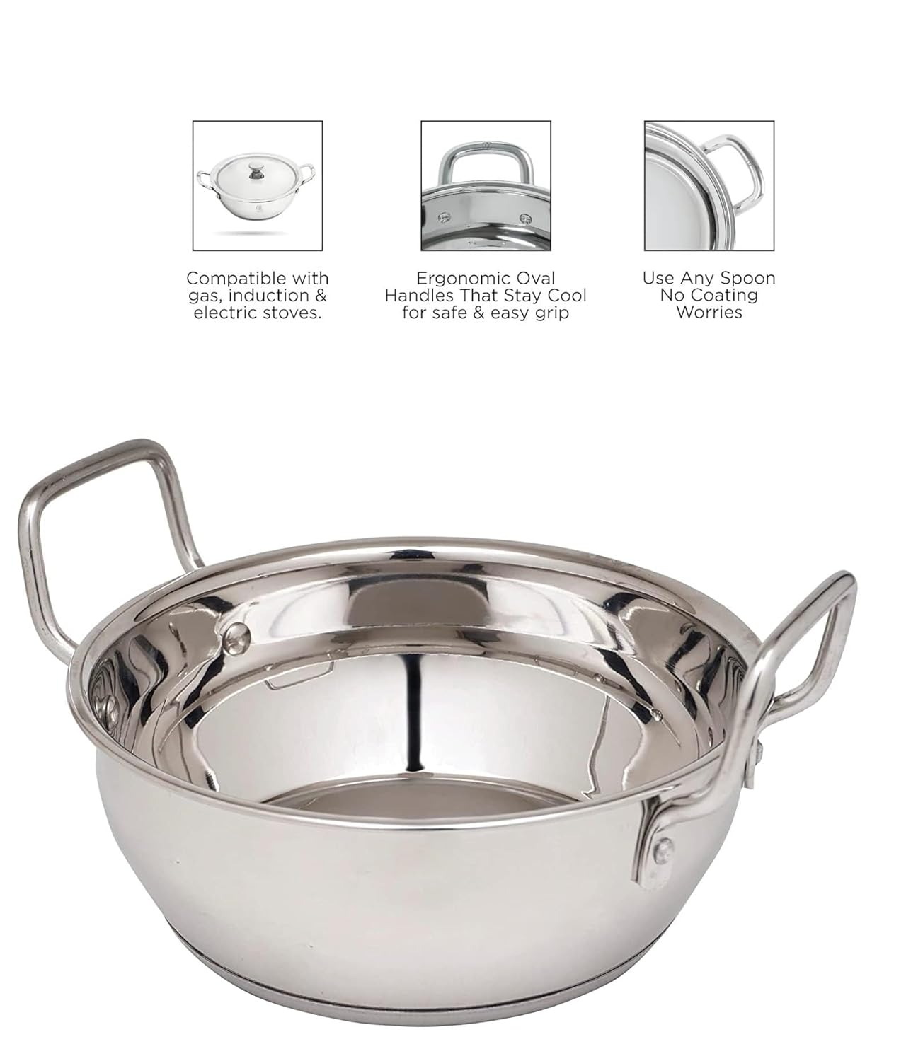 Stainless Steel Kadhai Sandwich Bottom Mirror Finish
