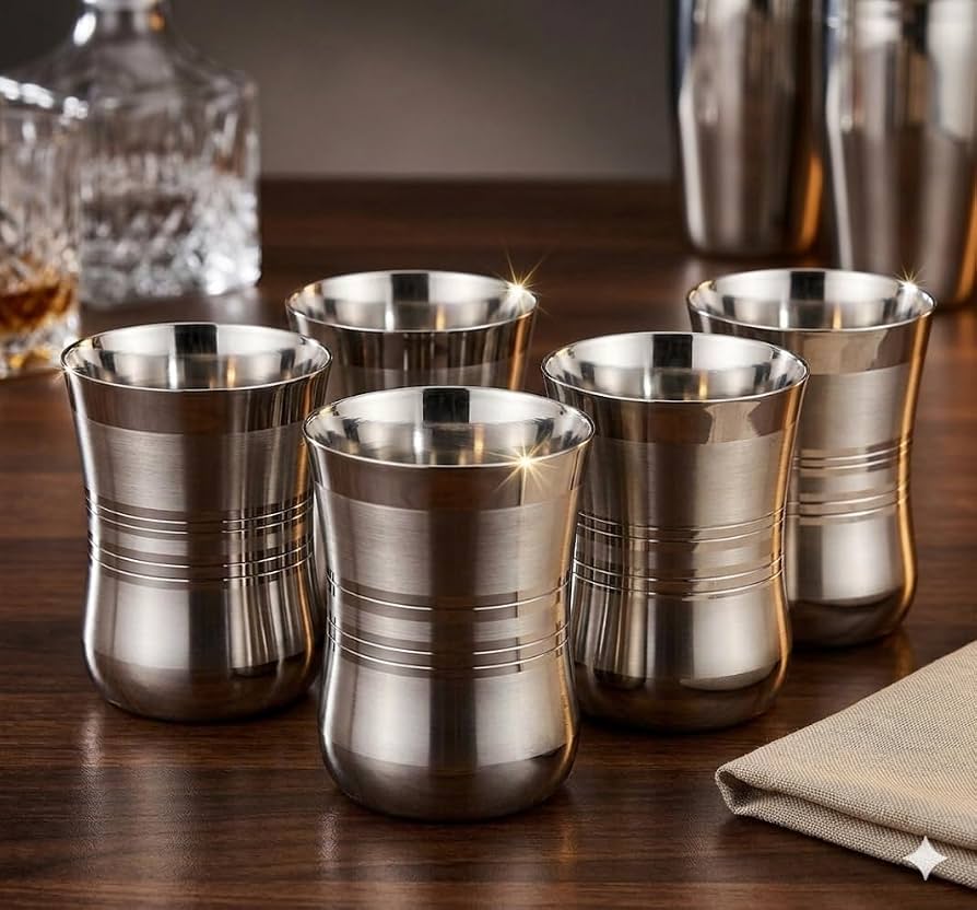 Prashi Stainless Steel damru Glass  (Set Of 6) silver touch