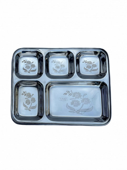 Square Bhojan Thal Stainless Steel Partition Plate Laser Design